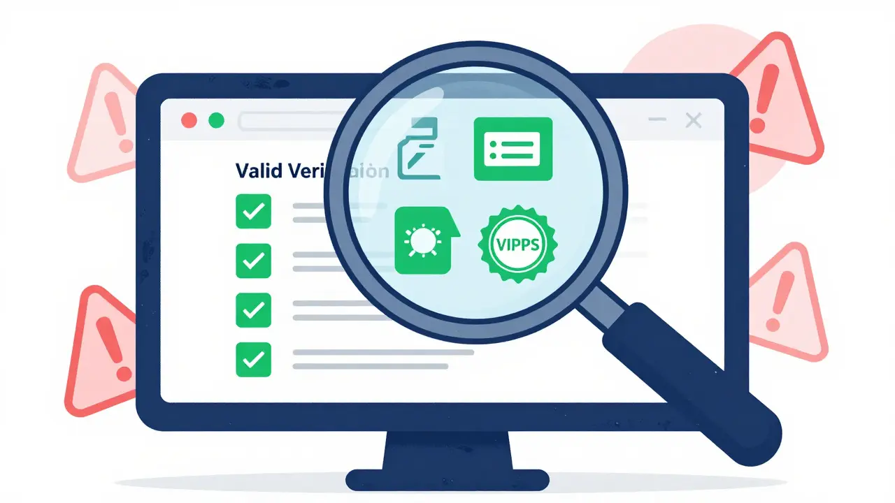 Magnifying glass checking safety seals on online pharmacy website