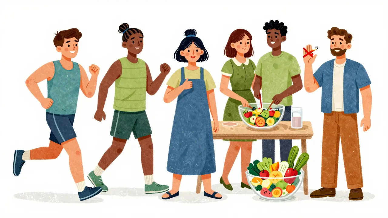 People exercising and eating healthy to prevent heart disease