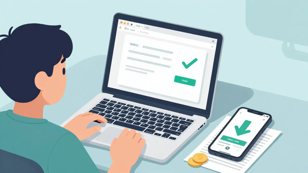Person uploading prescription online with coupon savings displayed