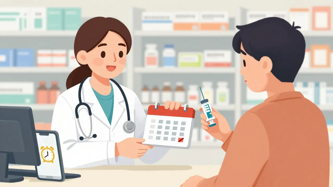 Pharmacist giving a calendar reminder to a patient about vaccine doses.