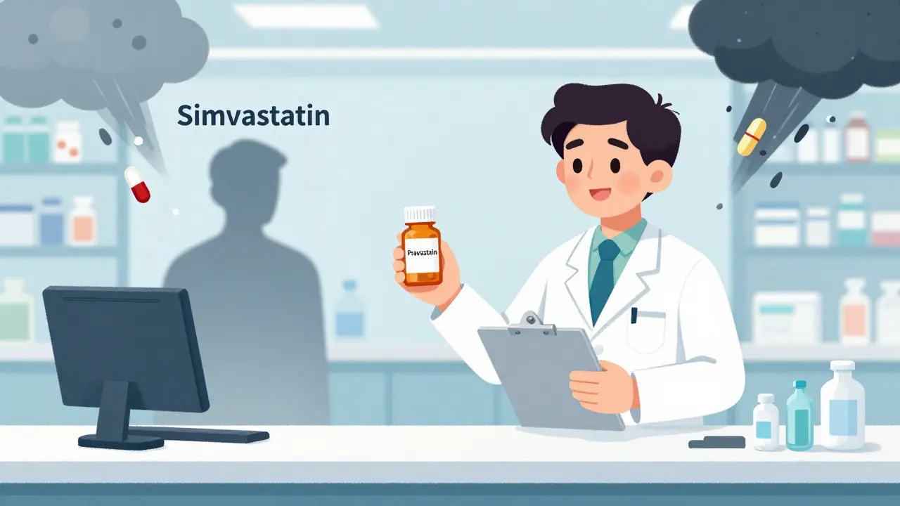 Pharmacist recommending safer statin alternative to avoid drug interactions