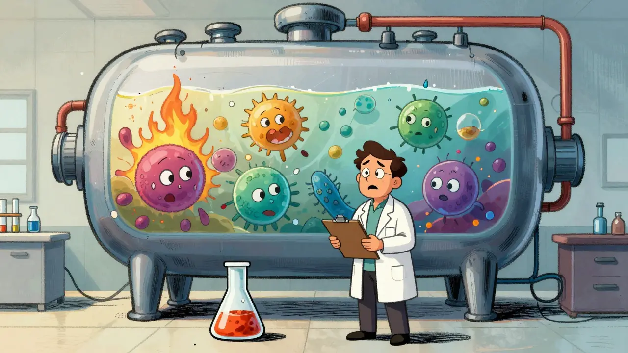 Scientist facing challenges of scaling up from lab flask to large bioreactor
