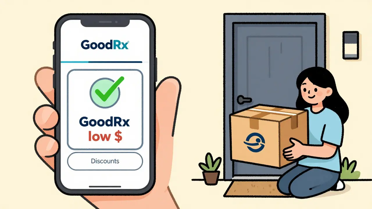 Smartphone showing discount coupons and delivery box for medication