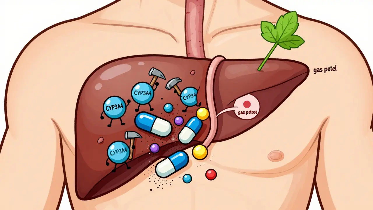 Cartoon liver enzymes rapidly breaking down medication pills
