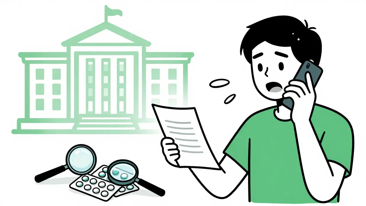 Cartoon style image of a person calling to report suspected fake medication