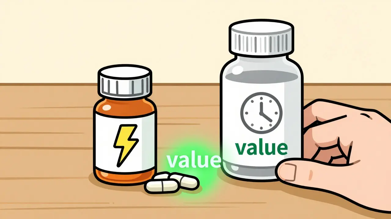 Comparison of generic vs brand name medicine bottles with value highlights