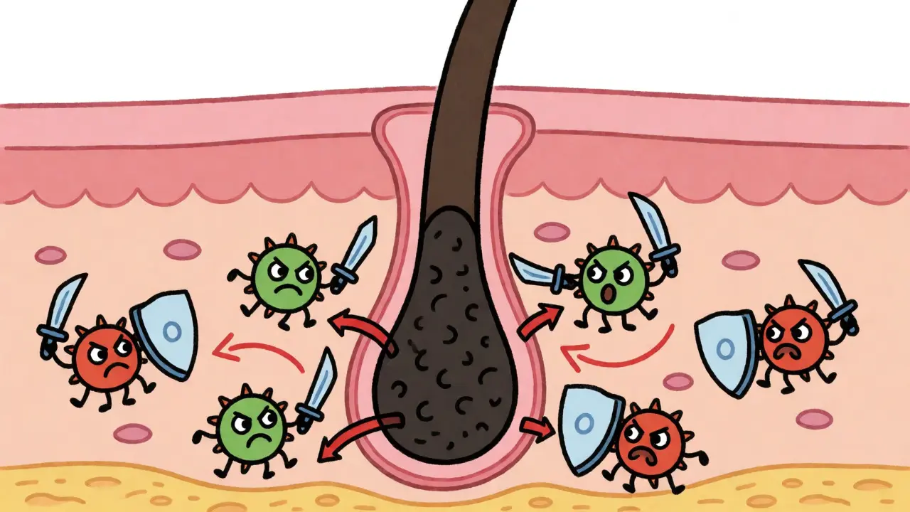 Cross-section of a clogged hair follicle triggering an immune response.