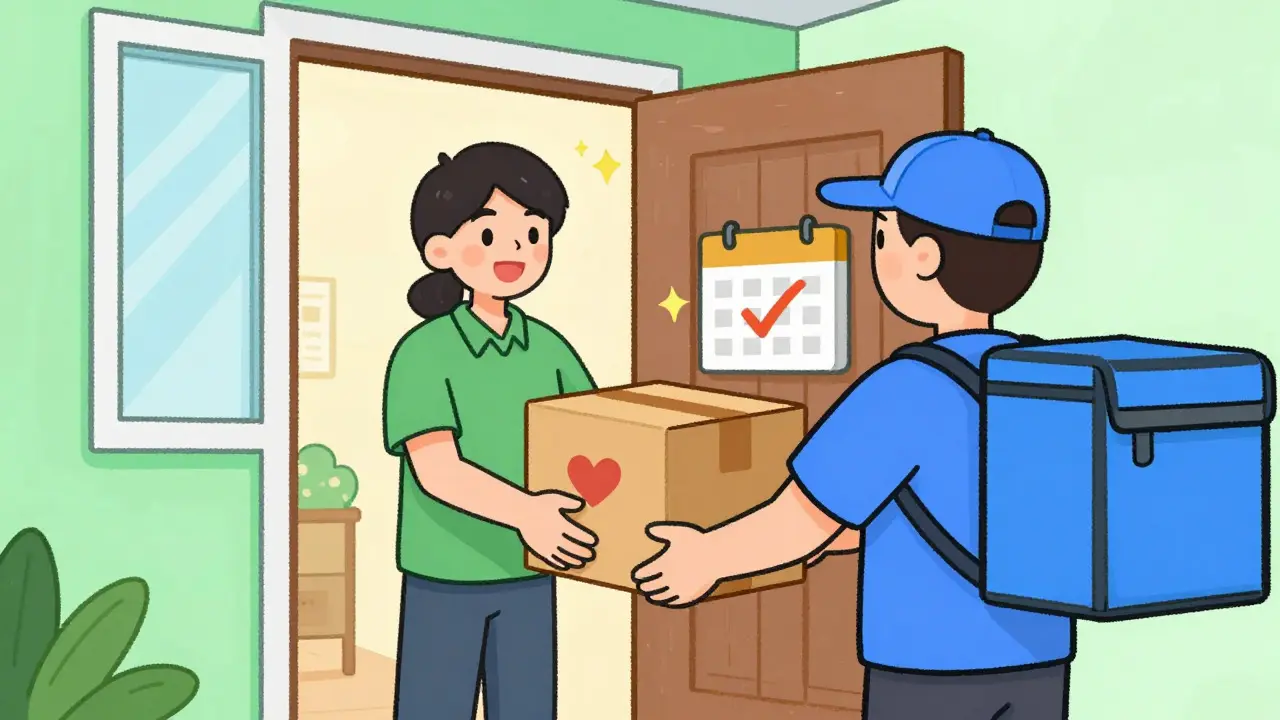 Delivery driver handing a medication package to a smiling homeowner