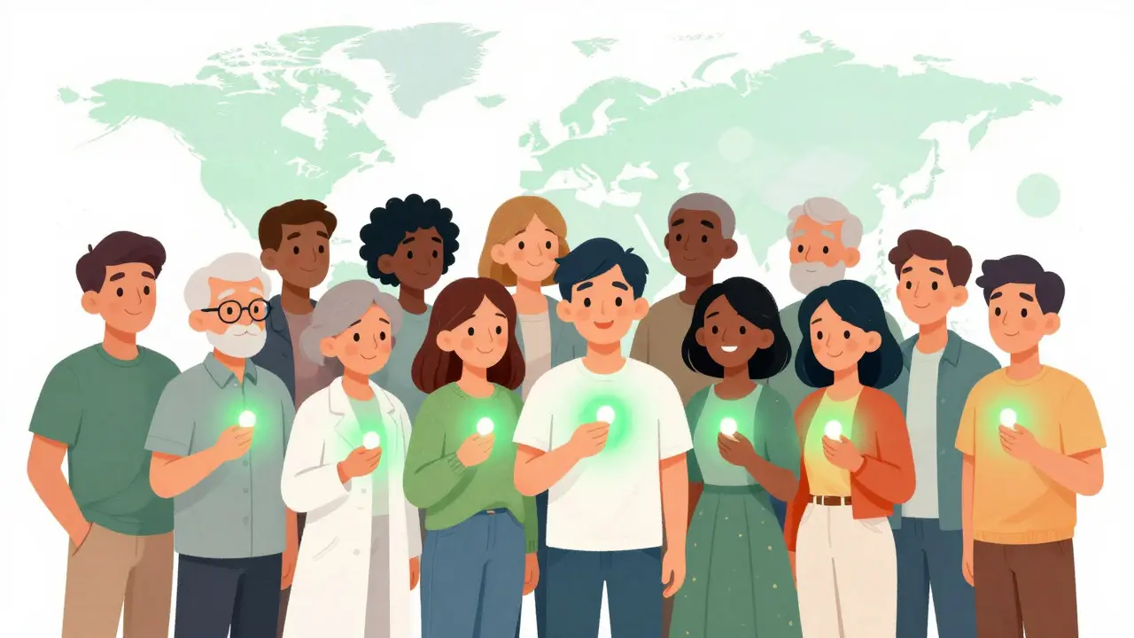Diverse group of satisfied patients holding generic pills, symbolizing widespread acceptance