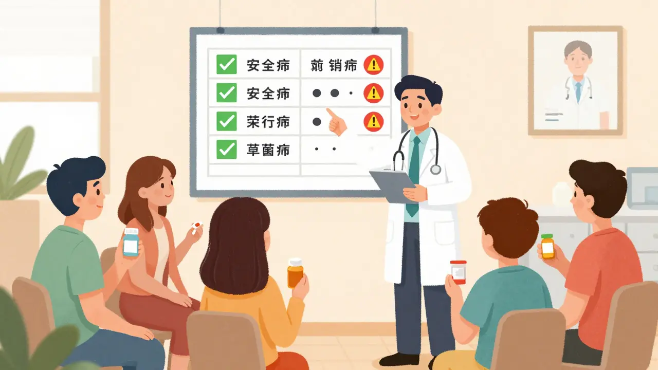Doctor discussing medication safety with patients in clinic