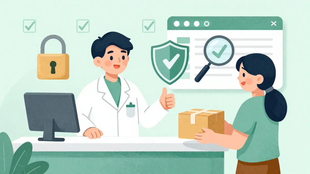 Friendly pharmacist giving a thumbs up next to a secure delivery package
