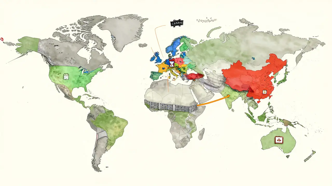 Global map showing different drug exclusivity timelines and barriers across various countries.