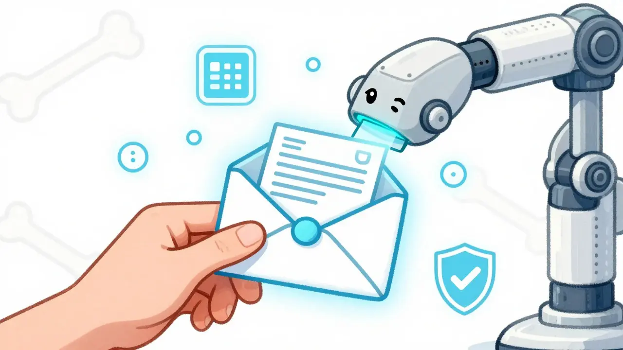 Hand submitting prescription to digital scanner with bone health icons