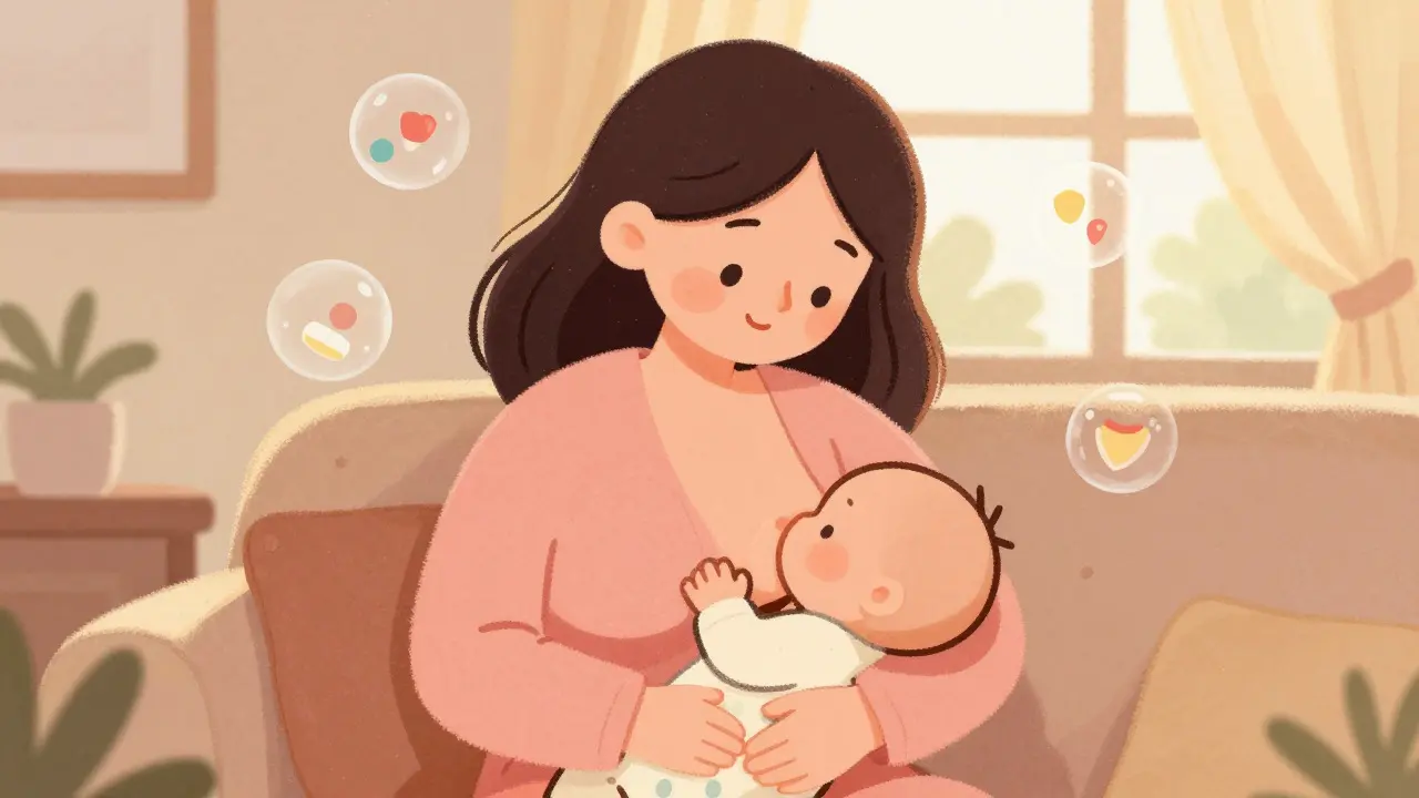 Happy mother breastfeeding baby in a cozy cartoon room