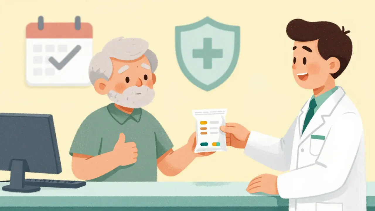Happy senior receiving organized medications from a friendly pharmacist
