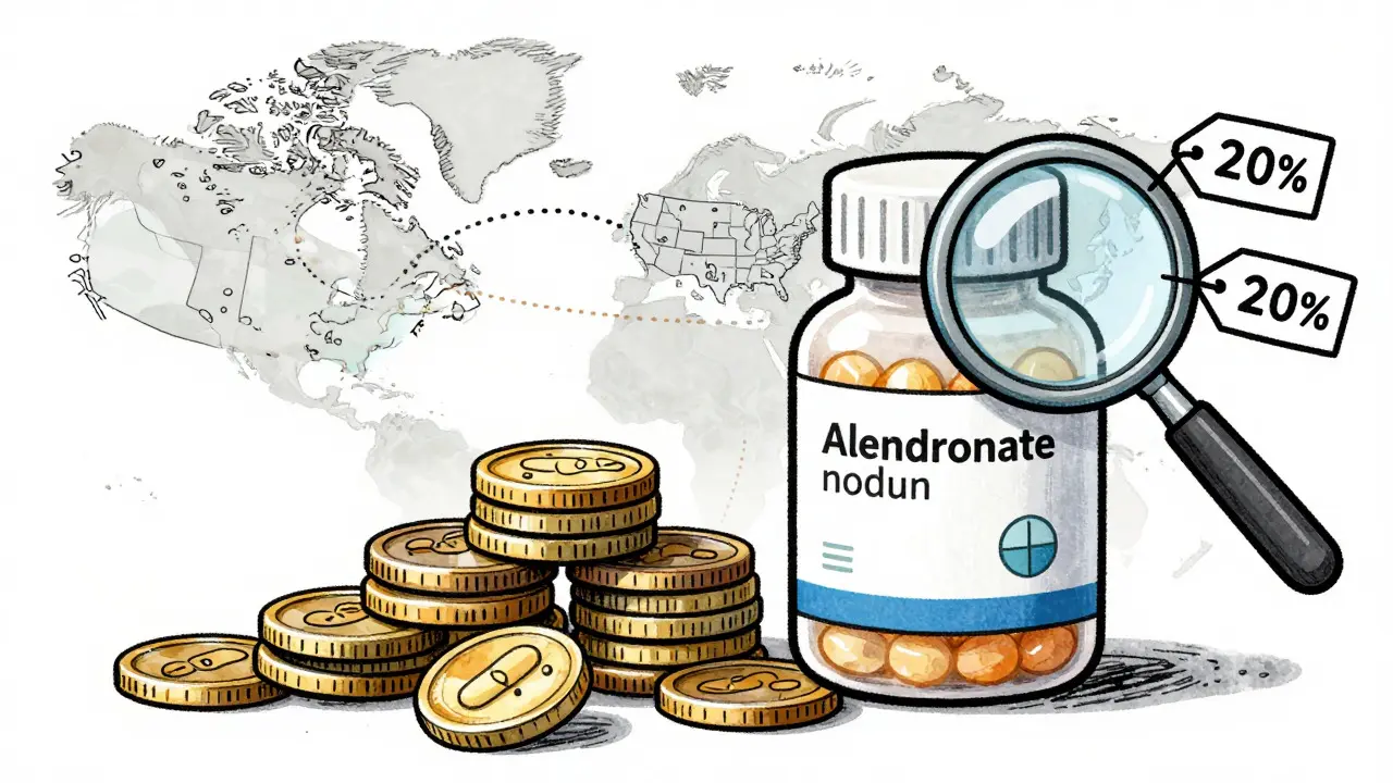 Illustration comparing pill costs with international shipping maps for Fosamax