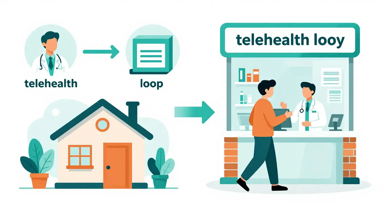 Illustration comparing telehealth home delivery vs local pharmacy pickup options