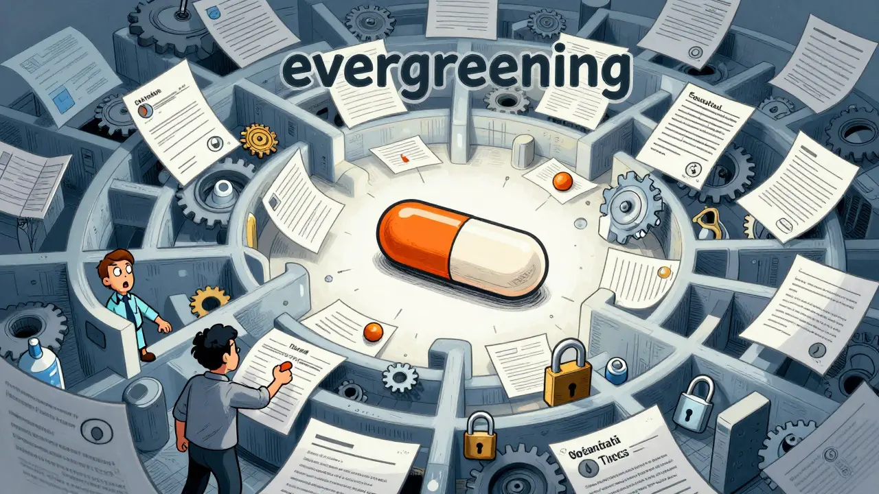 Illustration of a drug pill trapped in a thicket of legal documents and locks representing patents.