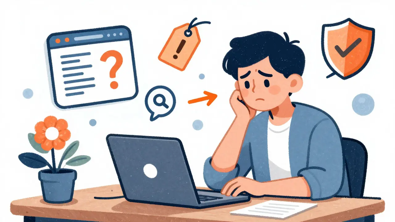 Illustration of a person analyzing online pharmacy red flags at a desk