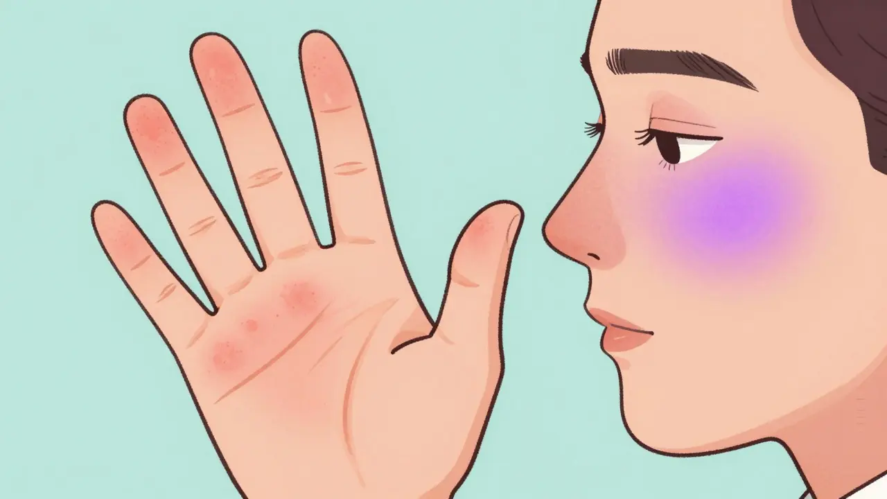 Illustration of dermatomyositis skin rashes on hands and eyelids