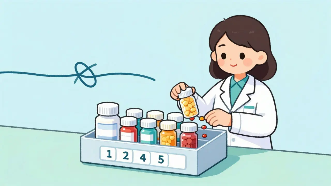 Pharmacist organizing multiple pills into a single synchronized monthly stack