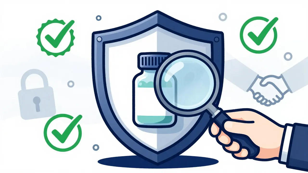 Shield protecting a pill bottle with a magnifying glass for safety verification